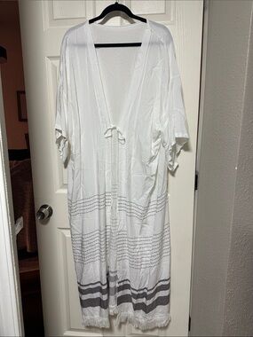 White Fringe Hem Kimono Cover-Up
